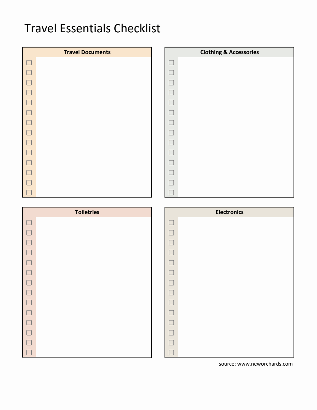 Customizable Travel Essentials List Template - Excel Format