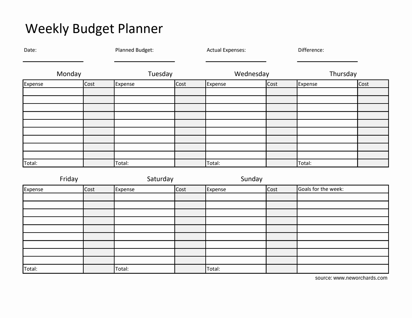 Free Weekly Budget Planner in Excel