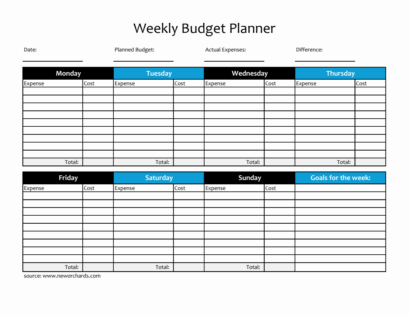 Free Weekly Budget Planner in Excel