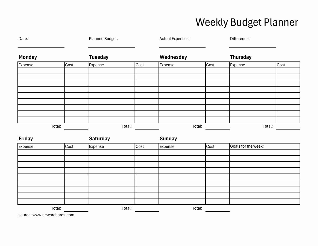 Free Weekly Budget Planner in Excel