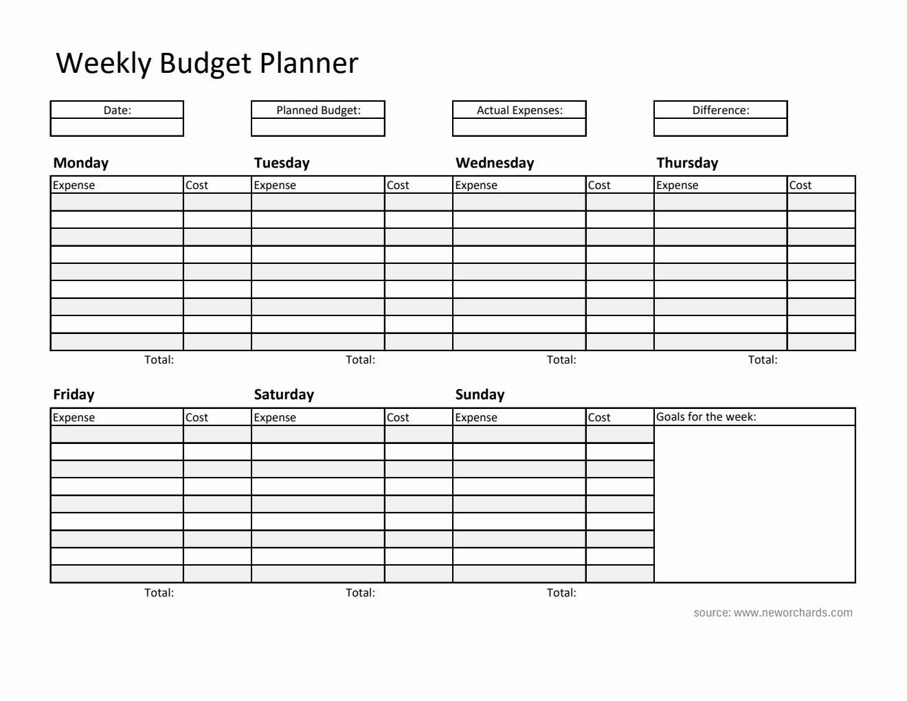 Free Weekly Budget Planner in Excel