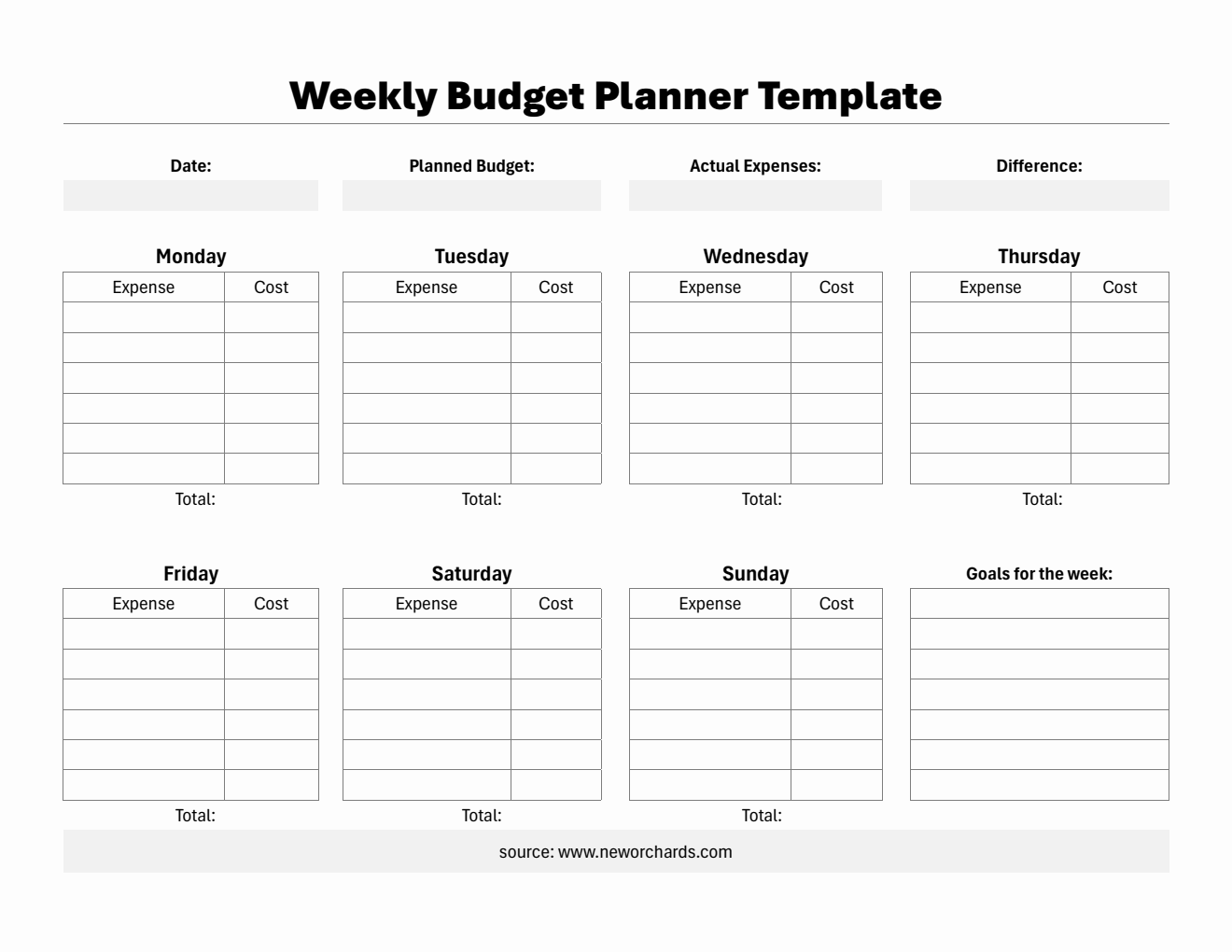 Free Printable Weekly Budget Planner in Word