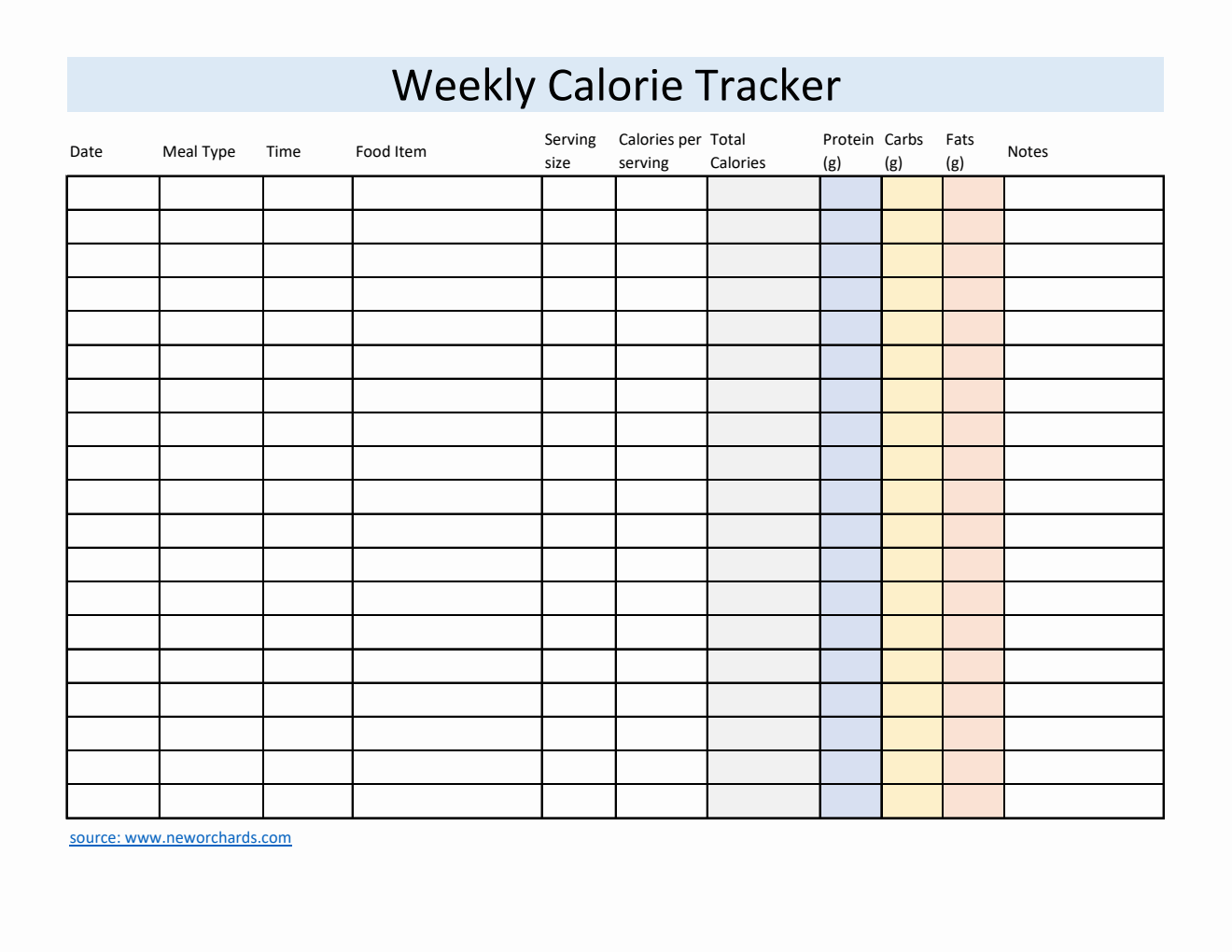 Free Editable Excel Weekly Calorie Tracker (Basic)