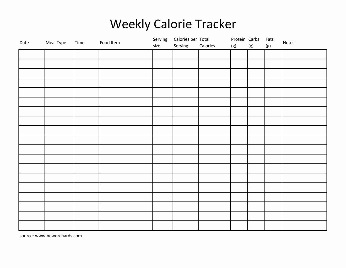 Free Editable Excel Weekly Calorie Tracker (Simple)