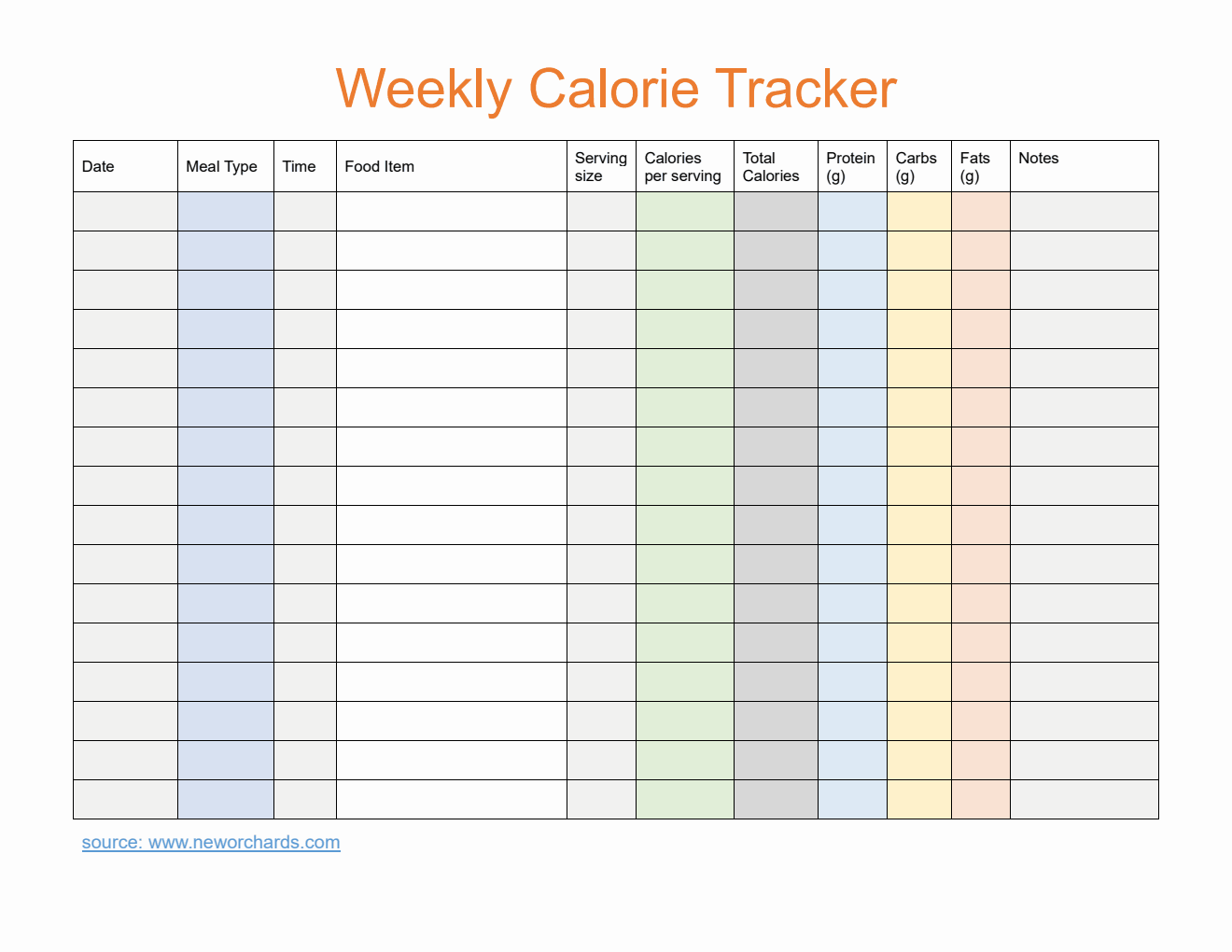 Free Editable PDF Weekly Calorie Tracker (Colorful)