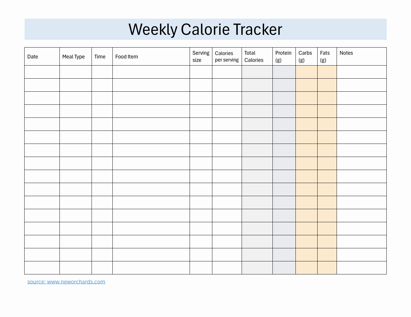 Free Editable PDF Weekly Calorie Tracker (Basic)