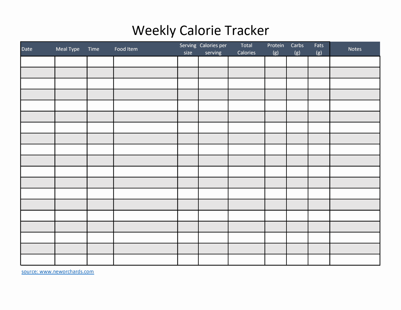 Free Editable Excel Weekly Calorie Tracker (Striped)