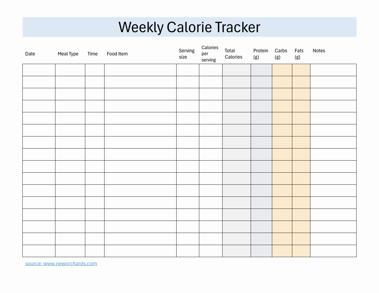 Free Editable Word Weekly Calorie Tracker (Basic)