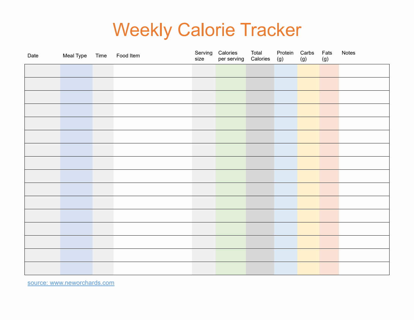 Free Editable Word Weekly Calorie Tracker (Colorful)