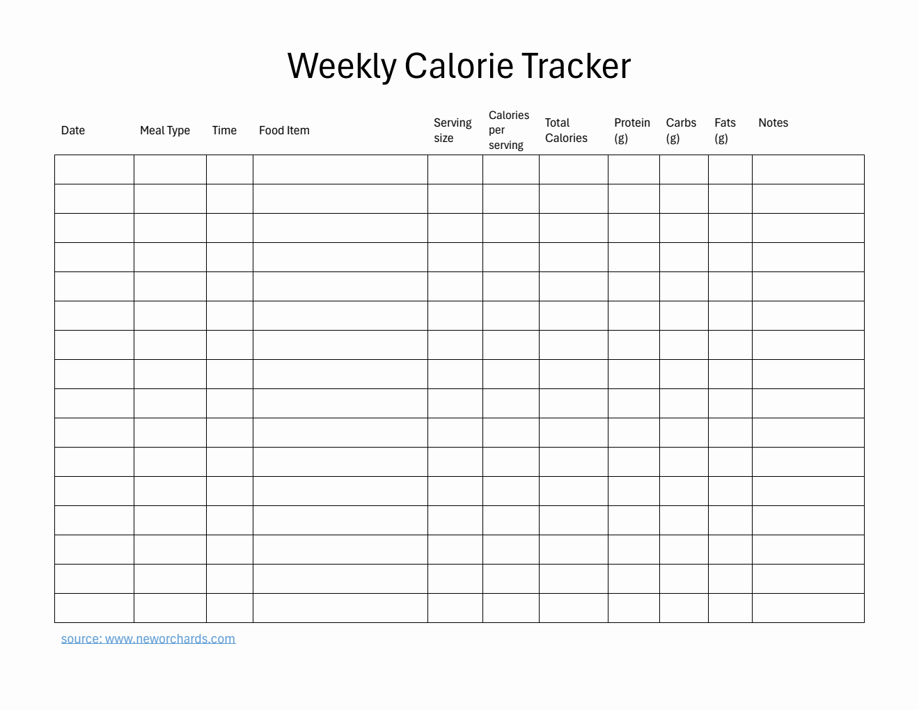 Free Editable Word Weekly Calorie Tracker (Simple)