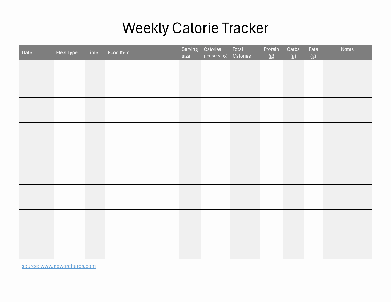 Free Editable Word Weekly Calorie Tracker (Minimalist)