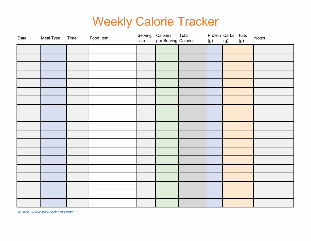 Free Editable Excel Weekly Calorie Tracker (Colorful)