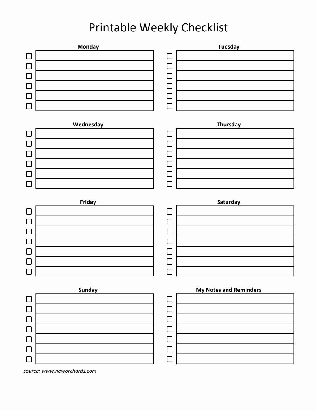 Printable Weekly Checklist Template Excel