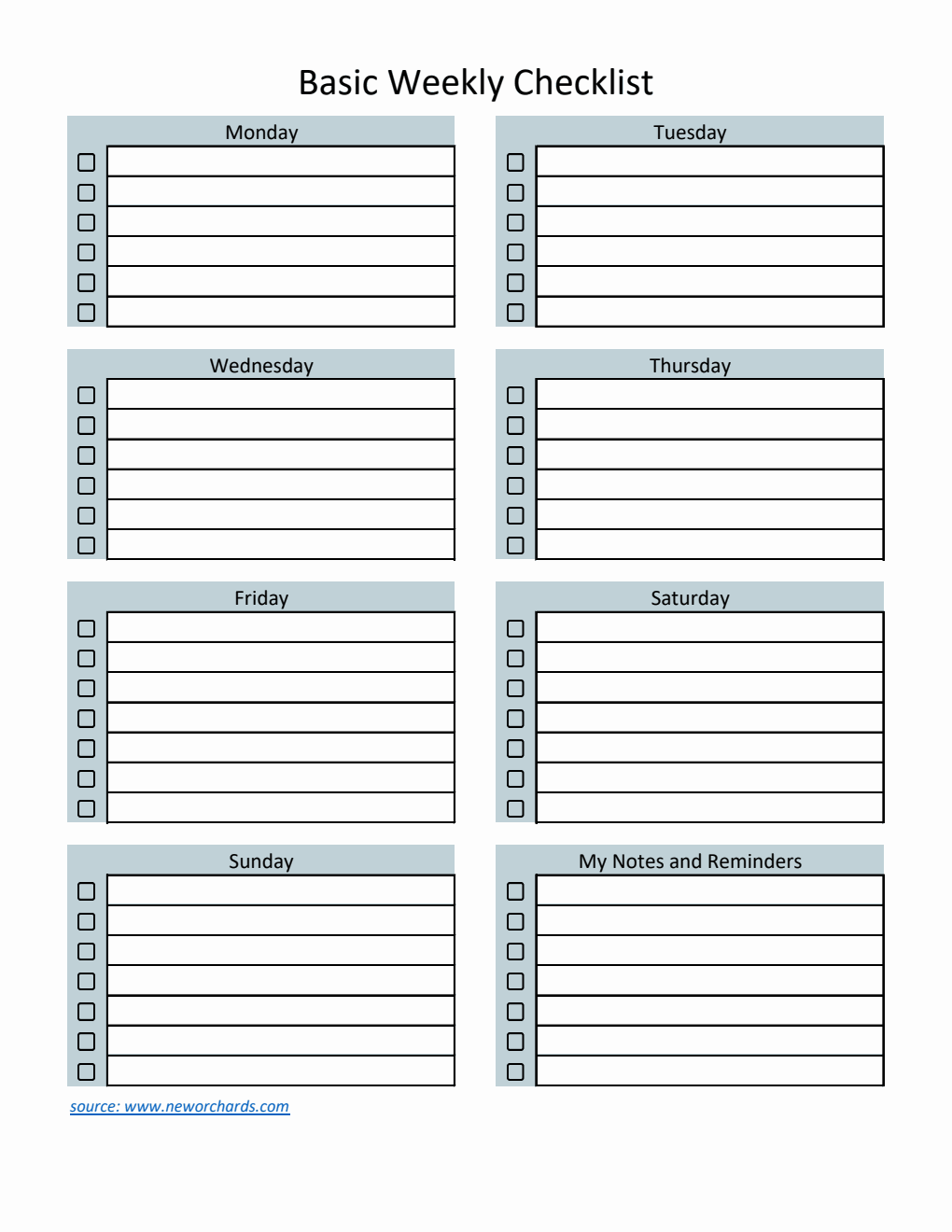 Basic Weekly Checklist Template Excel