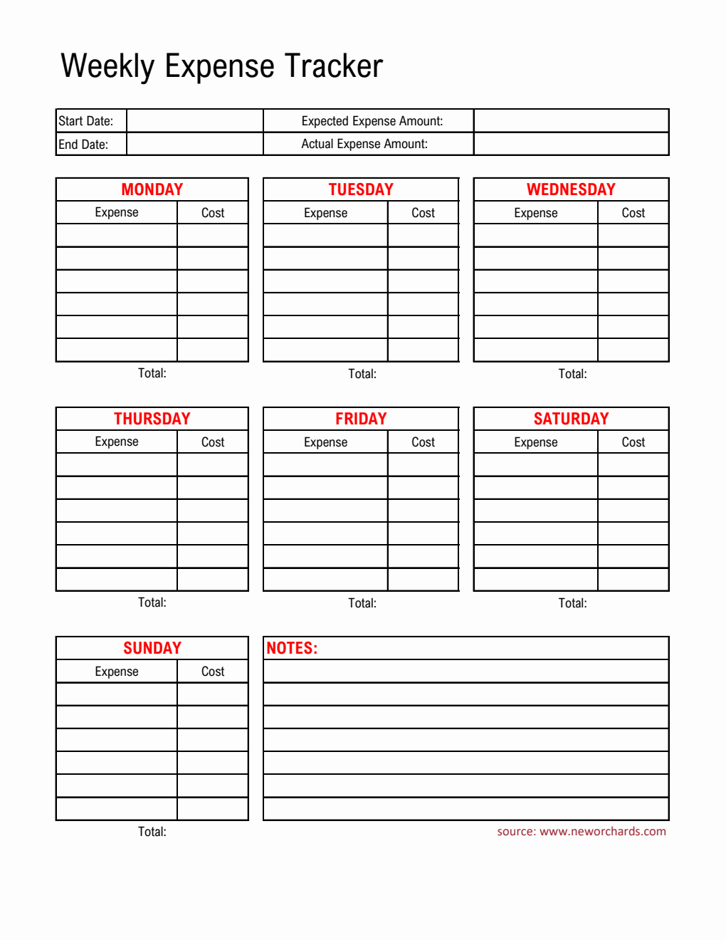 Free  Weekly Expense Tracker in PDF