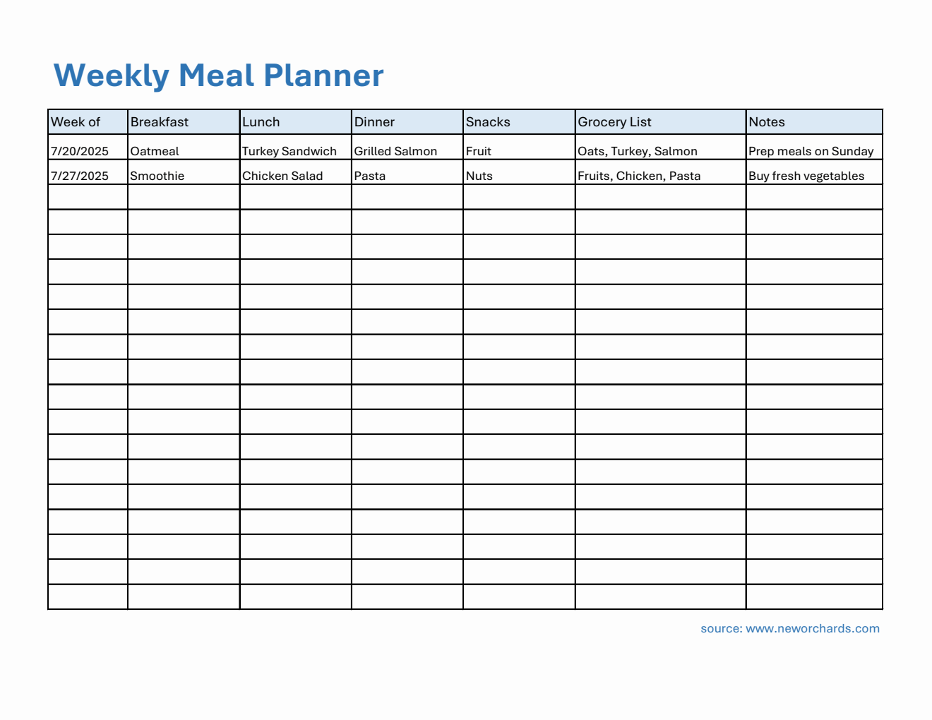 Weekly Meal Planner - Excel